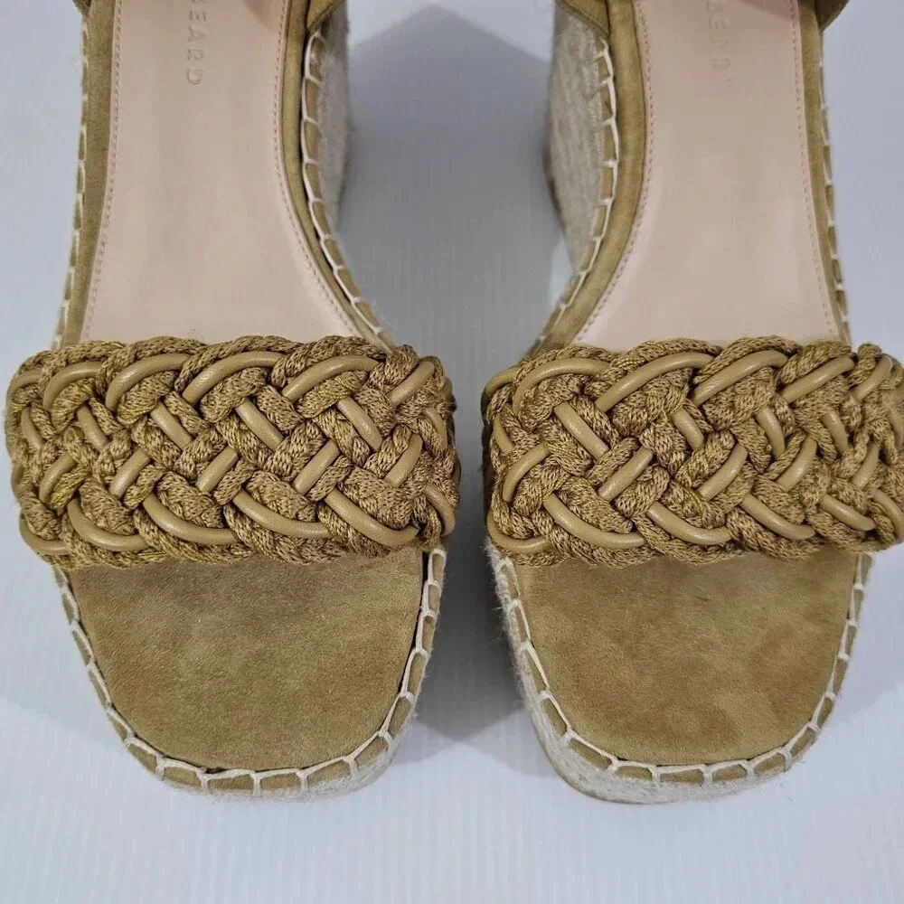 Veronica Beard Reema Espadrille Wedge Sandal Womens 10 Woven Mustard Leather NEW
